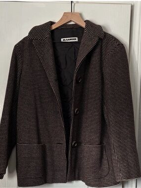 Jil Sander Black and Brown Micro-Check Pea Coat